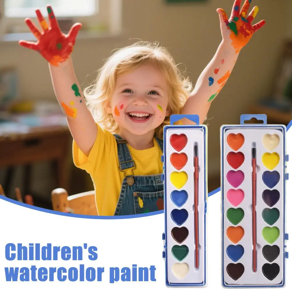 Aquarellfarben für Kinder, Herz-Design, 8–16 Farben, solide, halbfeuchte Pigmente, sanfte Mischung, nicht färbend, Kunstset mit Pinsel