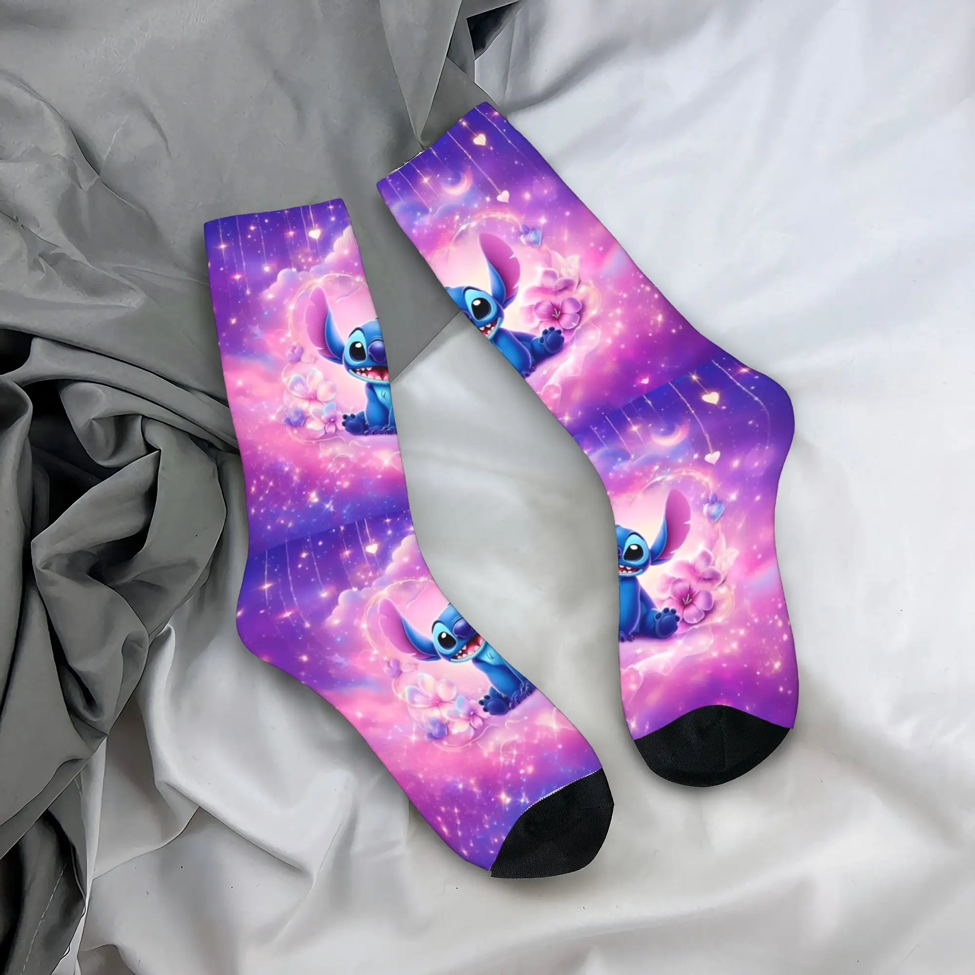 Stitch Purple Starry Stars Floral Autumn Winter Retro UnisexSocks Cartoon Cute Anime Non-slip Basketball Socks