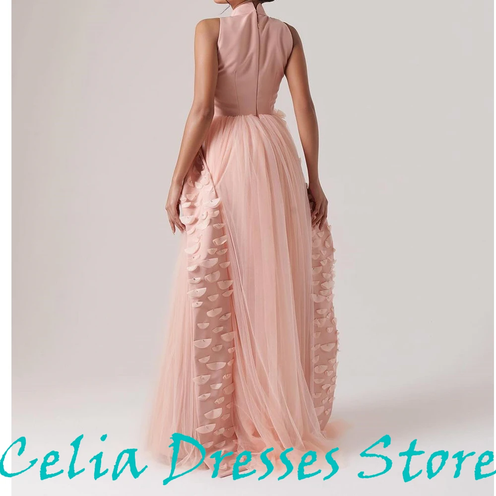 A-Line Zipper Back Flowers Floor Length High Neckline Sweep Train Exquisite Custom Size Evening Dresses Tulle Sleeveless