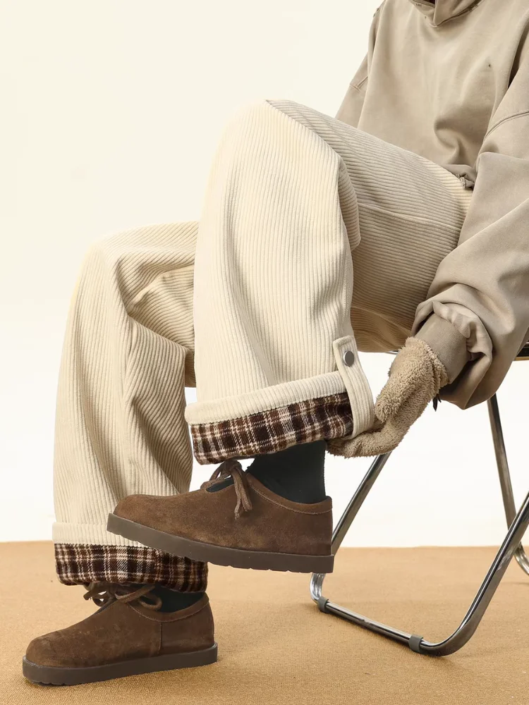 

Вельветовые брюки в американскую клетку в стиле ретро, повседневные свободные прямые брюки с закрученными краями, осенние модные брендовые спортивные длинные брюки для бота