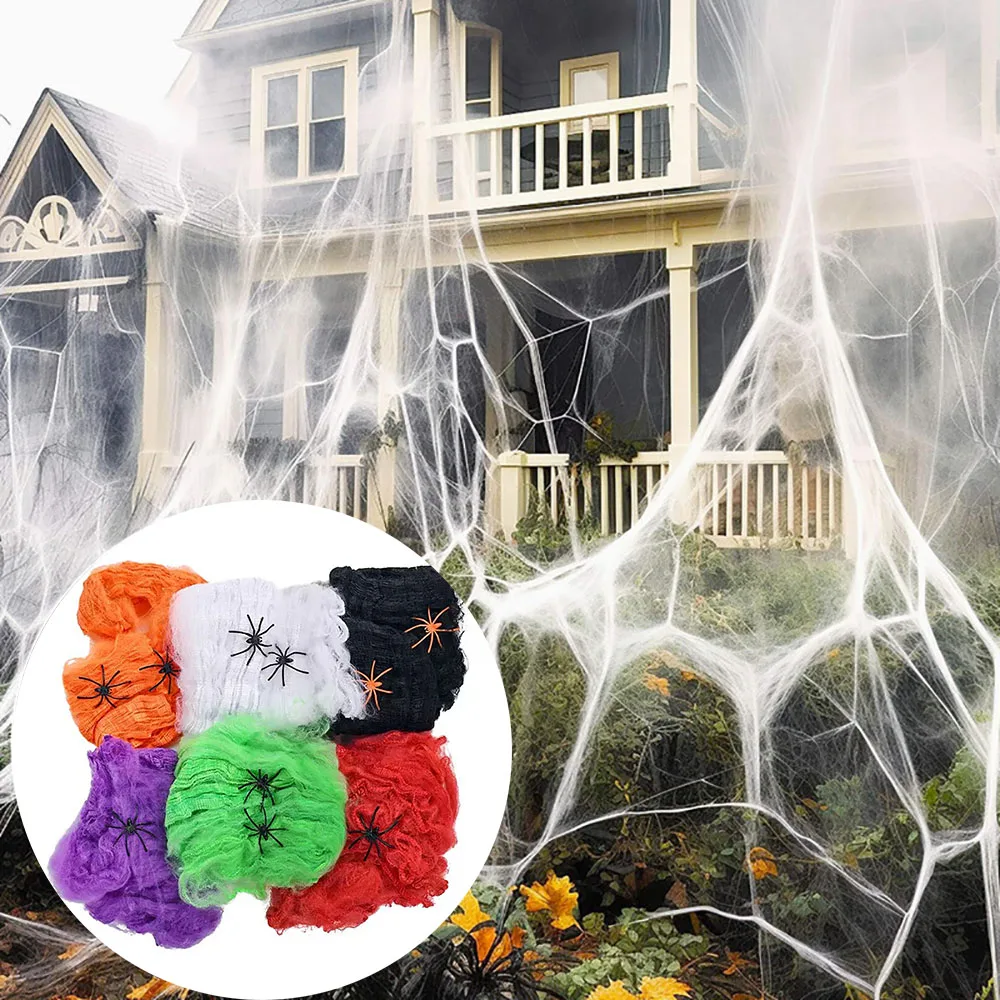 Halloween künstliches dehnbares Spinnennetz mit Spinnen Dekoration für Gothic Geisterhaus Party Horror gruselige Requisiten Accessoires realistisch langlebig perfekt für Innen Außen Halloween Partys und schaurige Dekor – Detail 5