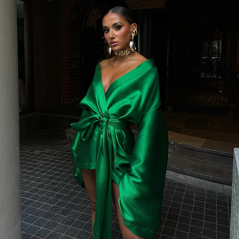 

Green Coat Long Outerwear Coat Satin Long Sleeves V Neck Women Top With Ribbon Sash Birthday Party Top Slim Female Jacekt