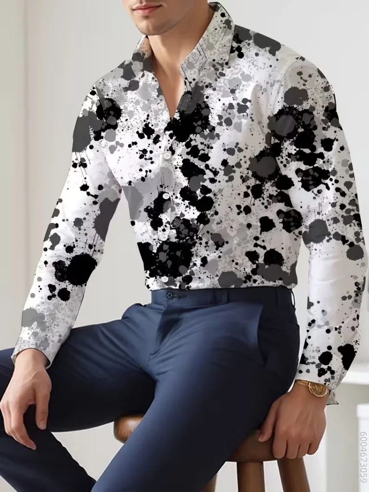 Men's long sleeved shirt with splashed ink inkjet spot printing, beach party, vacation party, versatile and comfortable top