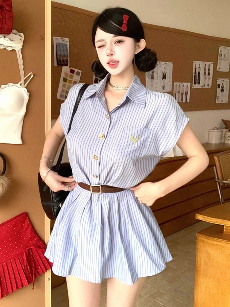 Roupas femininas casual doce solto mini camisa vestido senhora bonito coreano cinto balanço vestido plissado feminino rua diário wear vestido femme