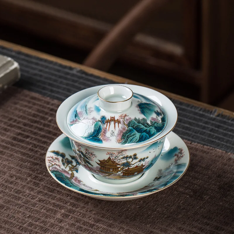 High Quality Jingdezhen Cover Teacup Single High-End Pastel Bubble Landscape Tea Bowl Cup Kombucha Ceramic Set Gaiwan