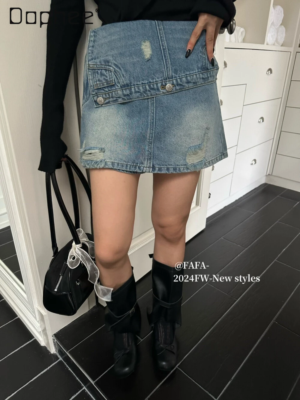 Korean 2024 Autumn New Fashionable Irregular Denim Skirt for Women High Waist A Line Ripped Mini Skirt Streetwear Chic Design