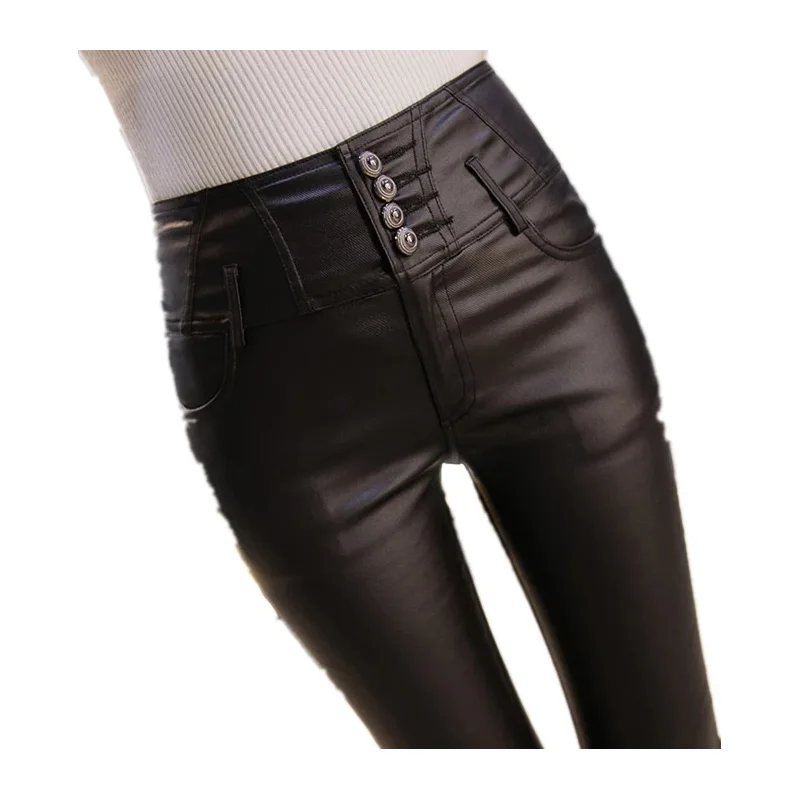 2023 winter warm woman pu leather pants women elastic velvet trousers pencil leggings tights women show thin dress