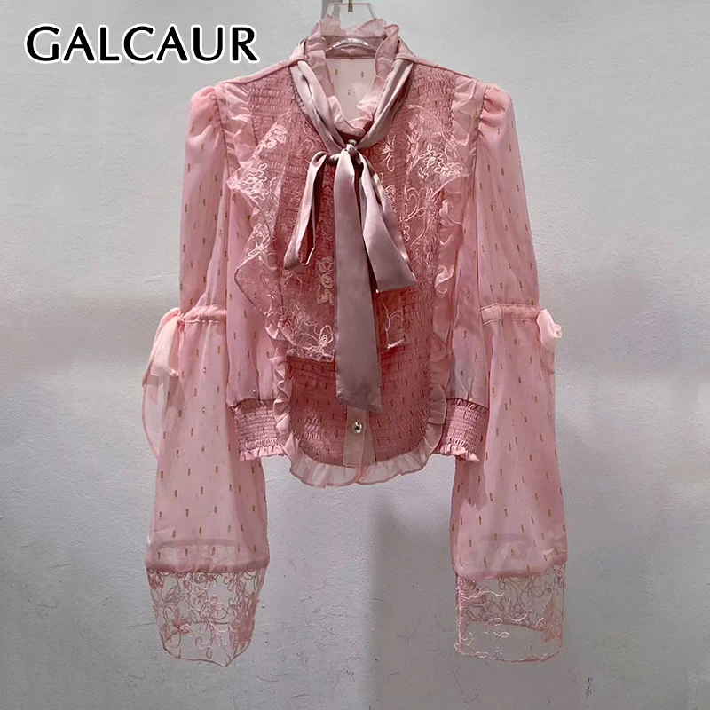 

GALCAUR однотонные блузки с бантом для женщин, полувысокая шея, длинные рукава, лоскутная прозрачная рубашка, женская модная одежда, стиль, новинка