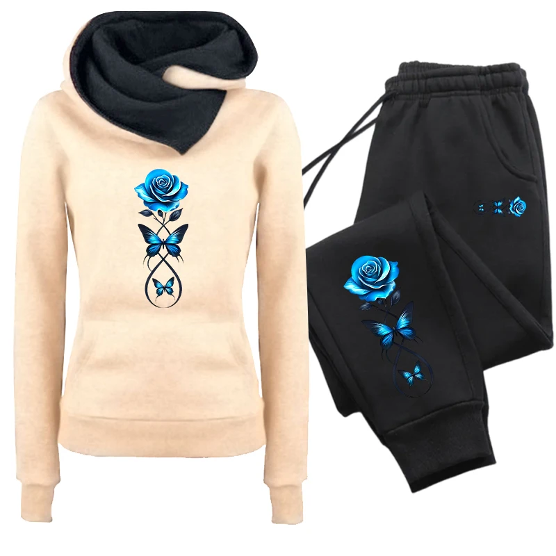 Herbst-Winter Damen Alltags-Sportoutfit, Damen-Set/Hoodie/Hose, Modischer Blumen-Trainingsanzug, Kapuzenpullover, Jogginghose – Detail 2