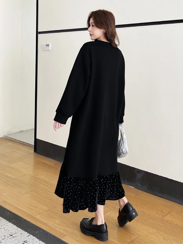 NYFS 2025 خريف شتاء جديد إمرأة فستان طويل فضفاض حجم كبير رداء المرقعة المخملية ذيل السمكة هيم Elbise فساتين طويلة #5