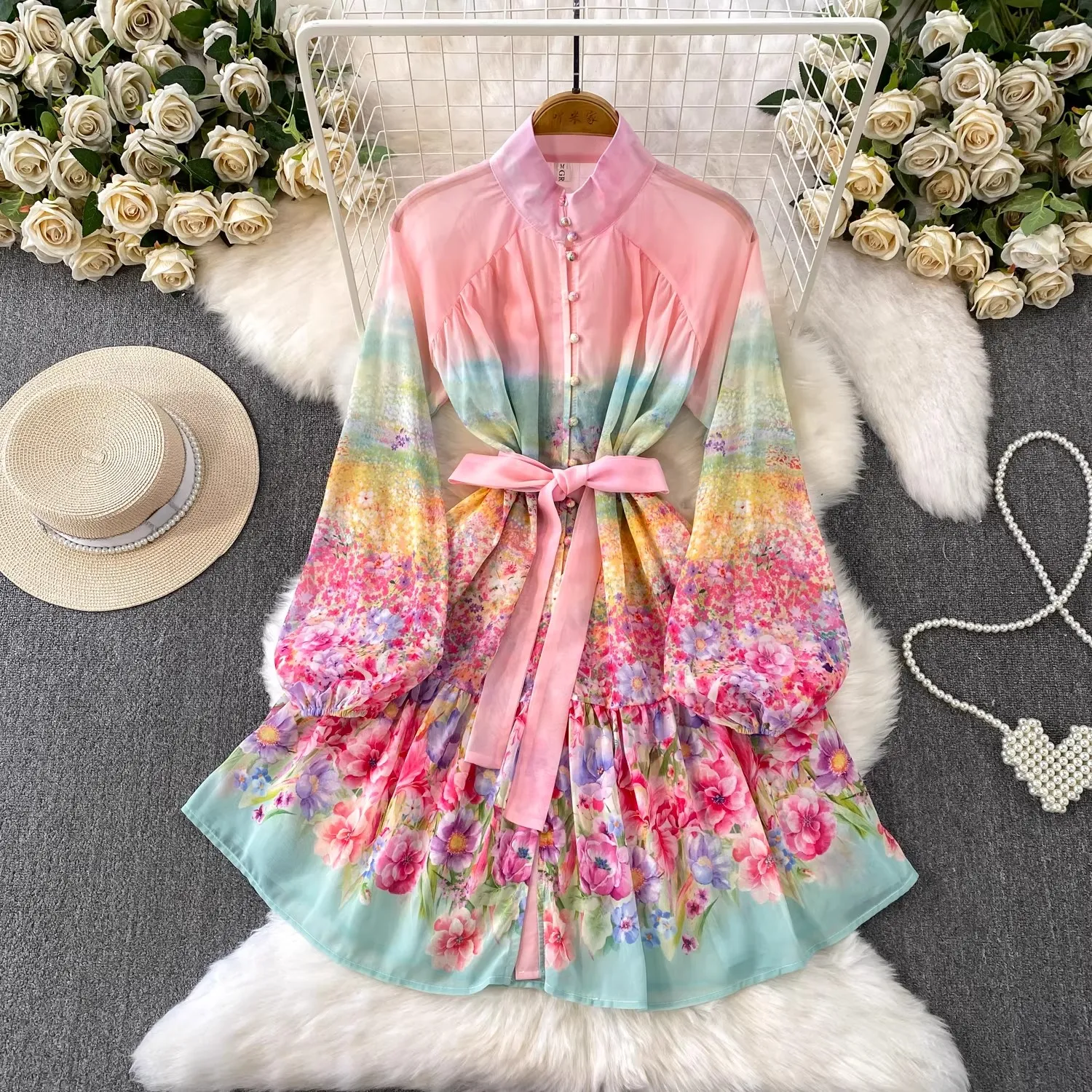 

Elegant Flower Printed Stand Collar Lantern Sleeve A-Line Mini Dress With Sashes Boho Style Birthday Party Club Vestidos