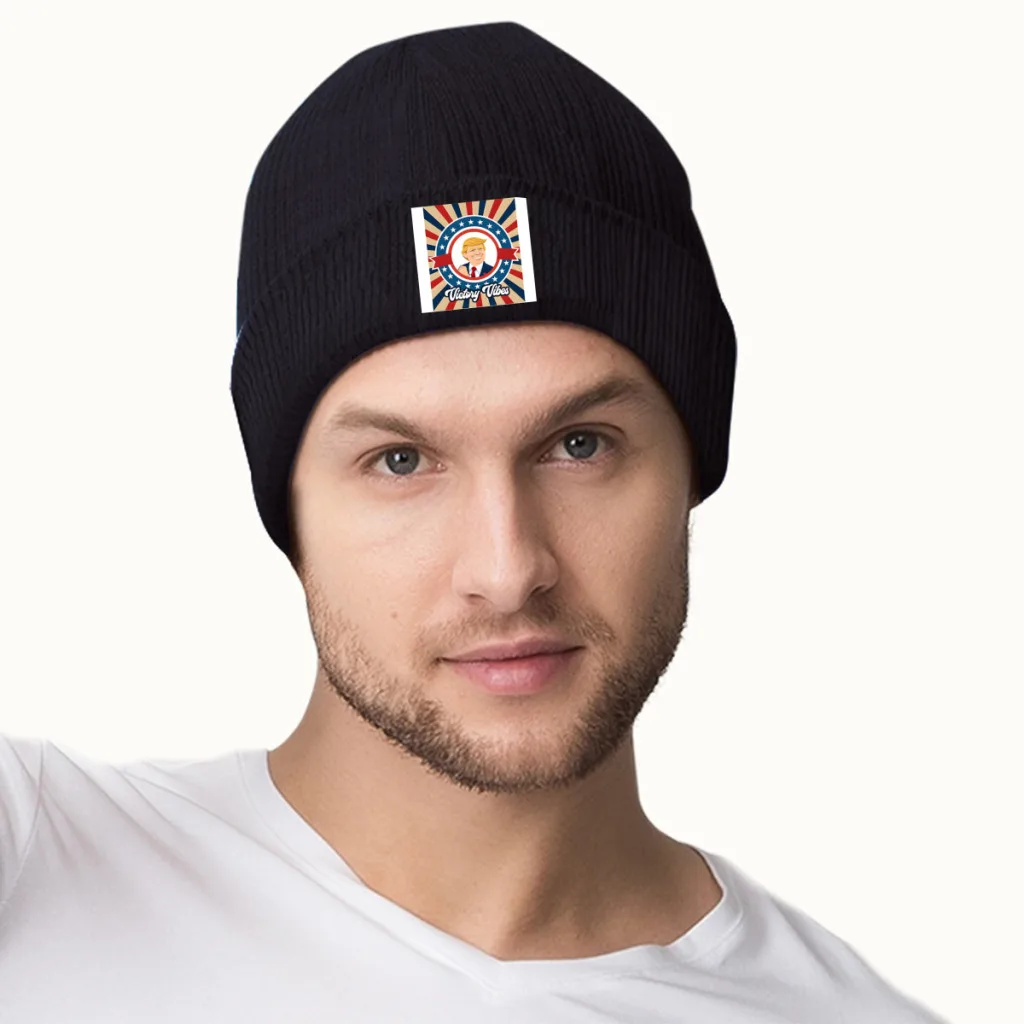 Donald Trump Victory Vibes I Beanie Czapka z dzianiny Czapki futrzane Kobiety Mężczyźni Czapka zimowa Ciepła