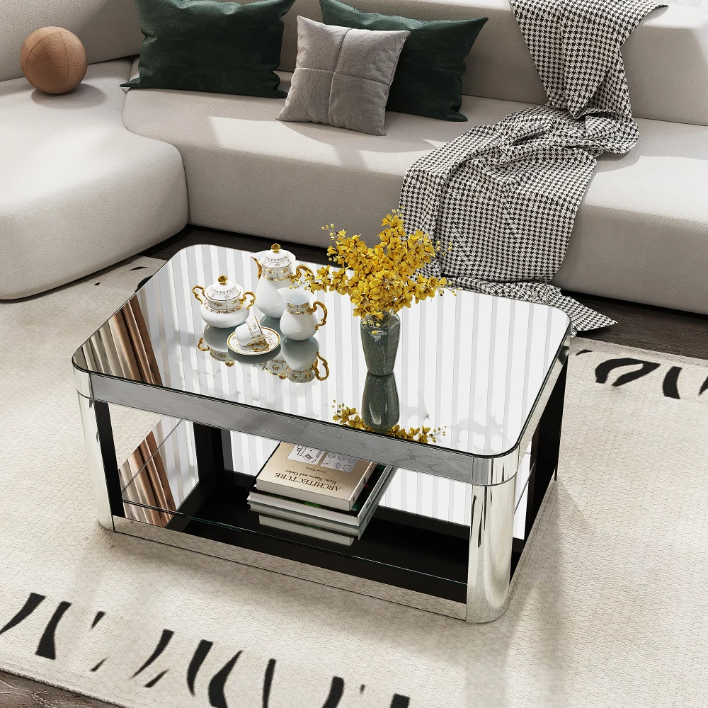 Baked Curved Mirror Coffee Table for Living Room, Modern Glass Coffee Table with Glass Top, Rectangular Center Table Furniture