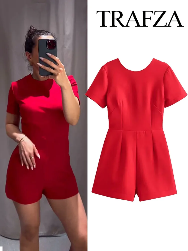 TRAFZA Summer Fashion Women Chic Jumpsuits Red O-Neck Short Sleeves Back Hollow Out Bow Decorate Female High Street Rompers