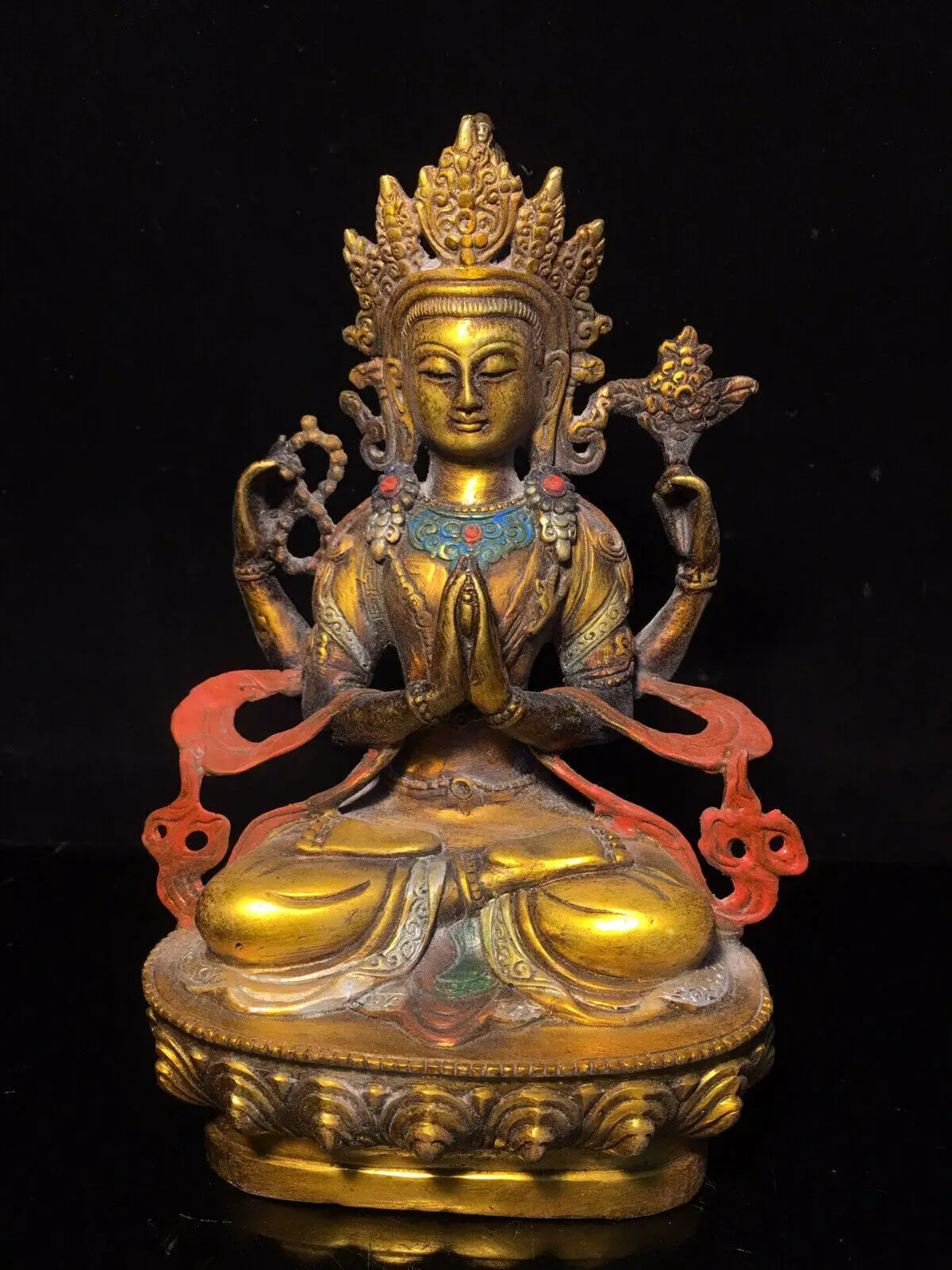 

Old Tibet Silver Gilt 4 Arms Chenrezig Goddess Buddha Avalokiteshvara God Statue