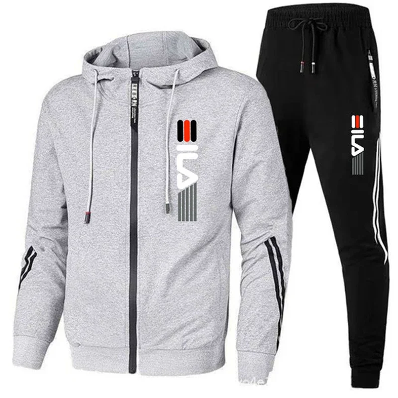 Men\'s Tracksuit Hooded Zipper Jacket + Sweatpants Outfits Fashion 2 Piece Sets Autumn and Winter Male Workout Jogging Sports