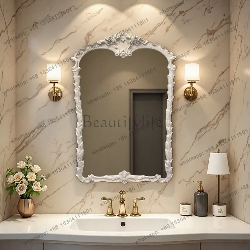 European retro bathroom makeup mirror wall hanging special-shaped decoration French living room entrance fireplace mirror