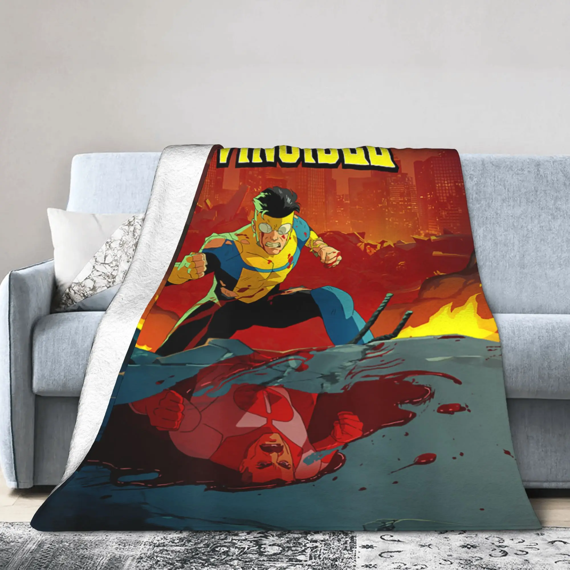 Invincible & Omni-Man Bloody Reflection Flannel Throw Blanket Anime Blanket Bedspreads Lightweight Thin Outdoor Multifunction