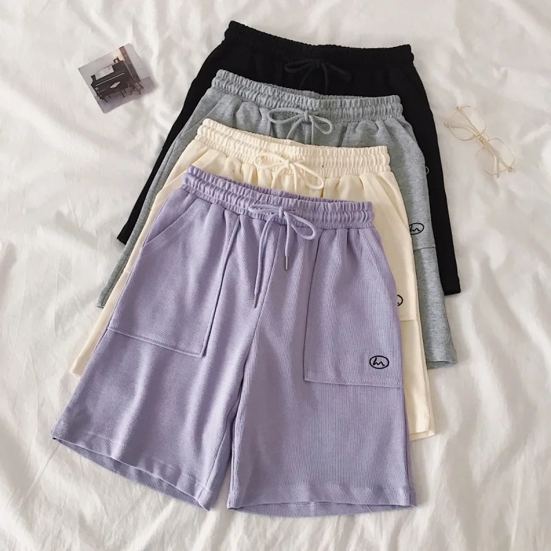 Pantalones cortos de calle para mujer, Shorts elásticos de cintura alta con bordado de pierna ancha, estilo Harajuku coreano para Fitness y verano