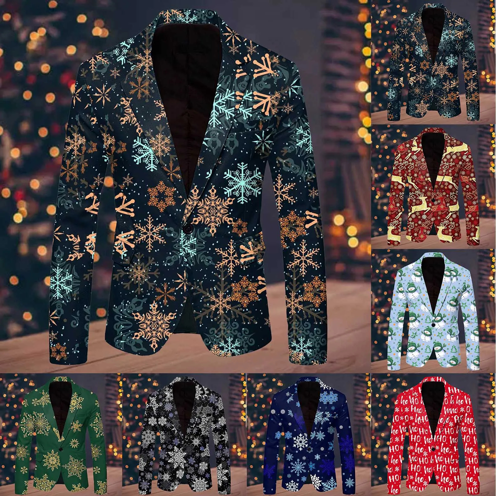 Christmas Snowflake Full Printed Jacket Pocket Lapel Collar Single Button Suit Coat Fashionable Elegant Formal Blazer Men