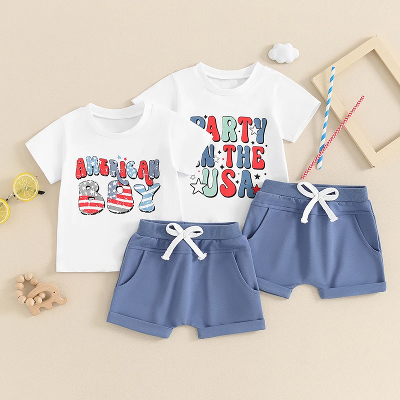 

2024-03-14 Lioraitiin Toddler Boys 4th of July Shorts Sets Short Sleeve Letter Print Tops Solid Color Drawstring Shorts Sets