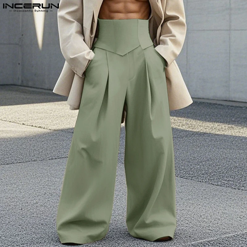 INCERUN 2025 American Style Pantalons Men Stylish Detachable Waistband Long Pants Male Leisure City Walk Wide Leg Solid Trousers