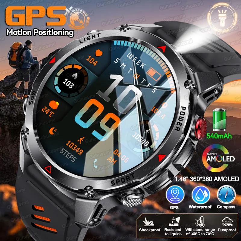 

2025 New Outdoor Sport Smart Watch Men HD AMOLED Screen Six Star GPS Positioning Heart Rate Bluetooth Call IP69/5ATM SmartWatch