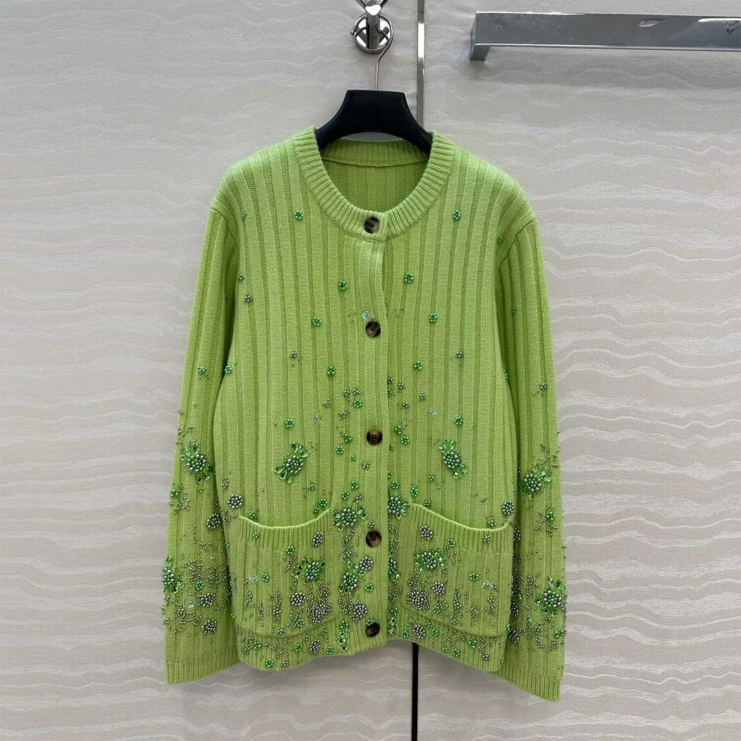 

Luxury Wool Cashmere Runway Design Winter Thick Cardiagn Women O-neck Beading Embroidery Long Sleeve Loose Retro Knitted Sweater