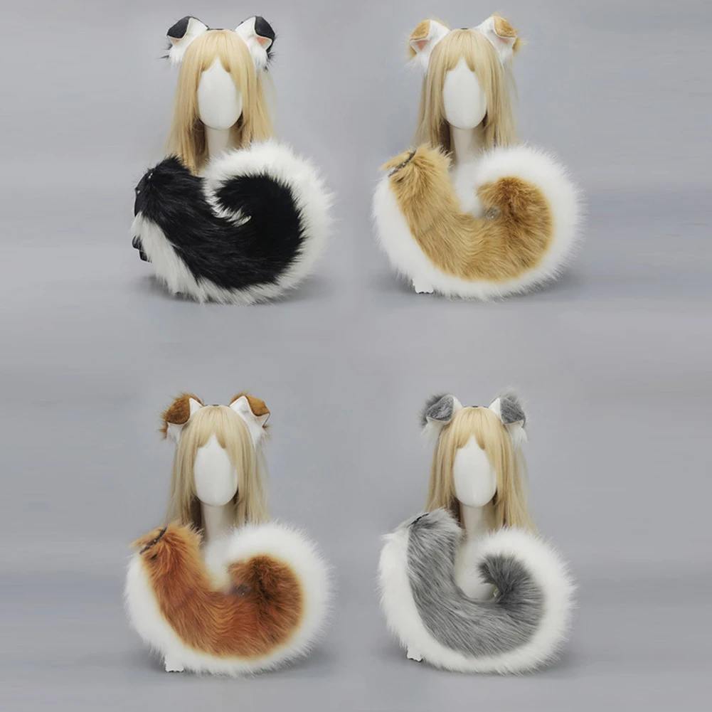 Furry Anime Dog Ear Headband Tail Cartoon Comic-Con Cosplay Costume Accessories Simulation Plush Animal Ears Tail image 4