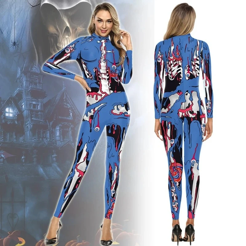 

Blue Skeleton Print Bodysuit - Realistic Bone Pattern & Form-Fitting Design, Spooky Halloween Outfit for Themed Parties & Events