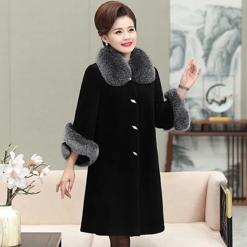 New Haining Sheep Shearling Coat Women's Mid-length Fox Fur Collar Slim Mother's Bress Middle-aged And Elderly Wool Fur CoatLady