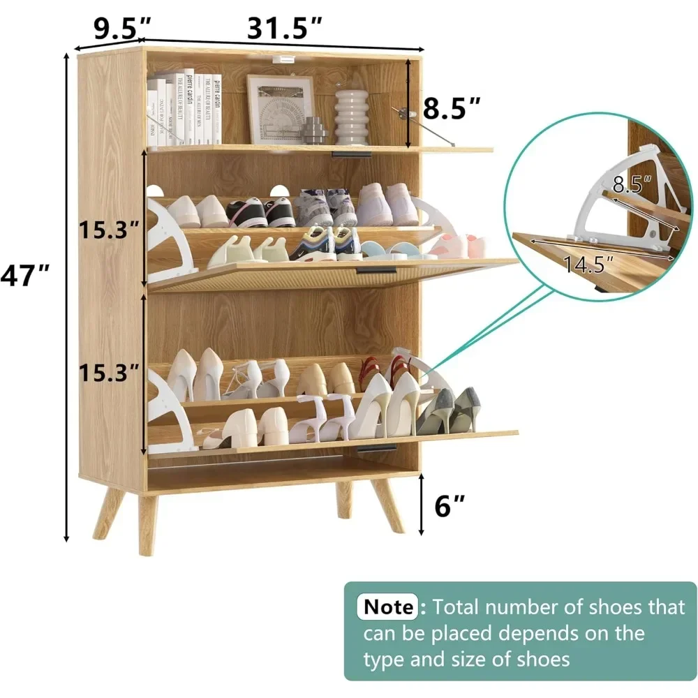 Shoe Storage Cabinet, Freestanding Shoe Rack Cabinet with 2 Flip Drawers & Wood Legs, Slim Shoe Organizer Cabinet for Entryway