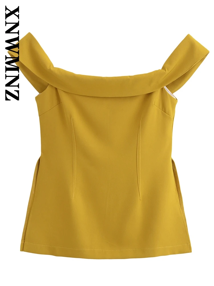 XNWMNZ 2024 Autumn New Female Streetwear Short Vest Two-piece Chic Woman Yellow Sleeveless Top Slim zipper Jumper Leisure suit