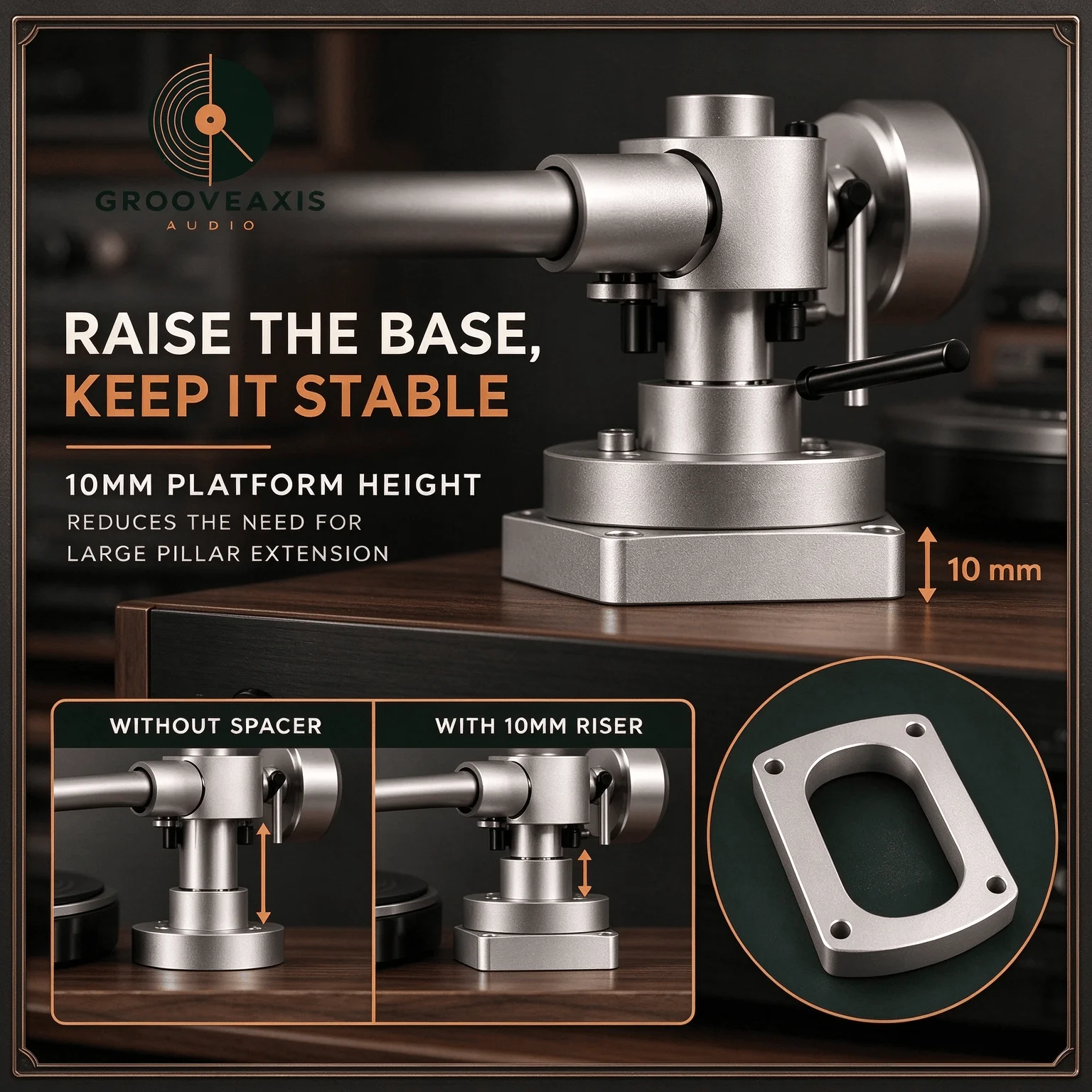 Turntable Height Riser Spacer GROOVEAXIS 10mm Silver Aluminum SME Tonearm Base Mount for 3009 3010 3012R HiFi Audio