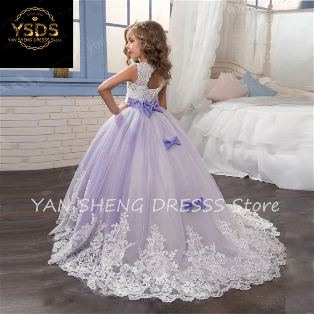 

Luxury Lace Flower Girl Dress Illusion Button Back Girl Birthday Dress Ivory First Communion Dresses robe de princesse fille