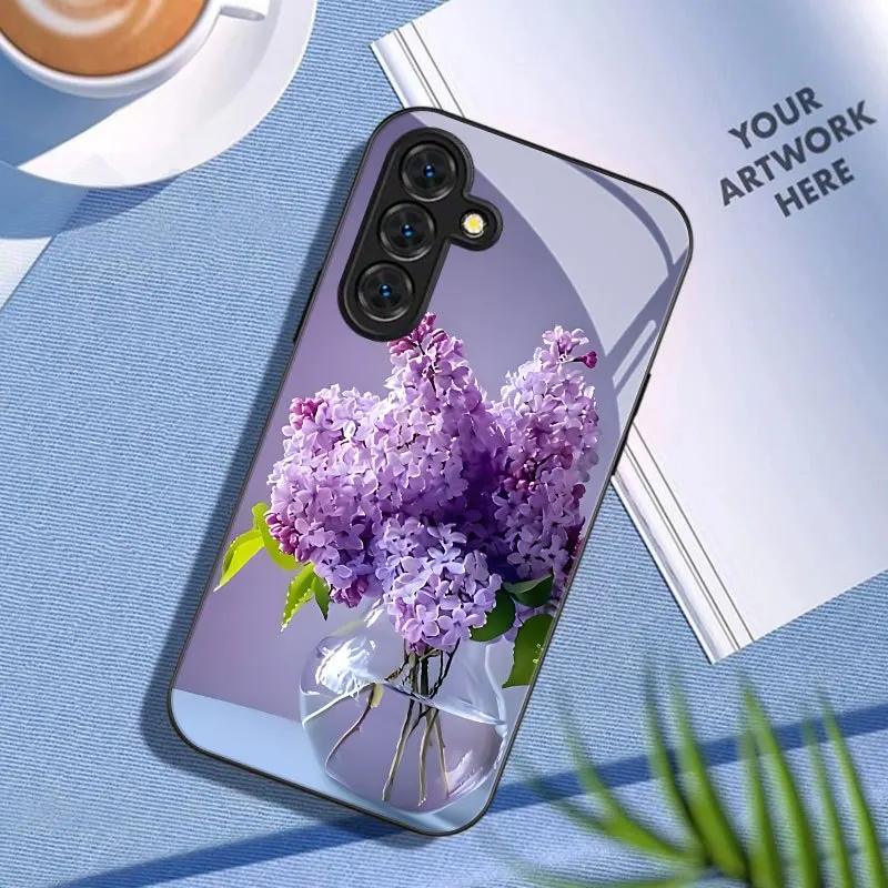 Lilac pattern glass phone case suitable for Samsung Galaxy S26 S25 S24 S23 S22 S20 FE/Ultra/Plus anti drop back cover