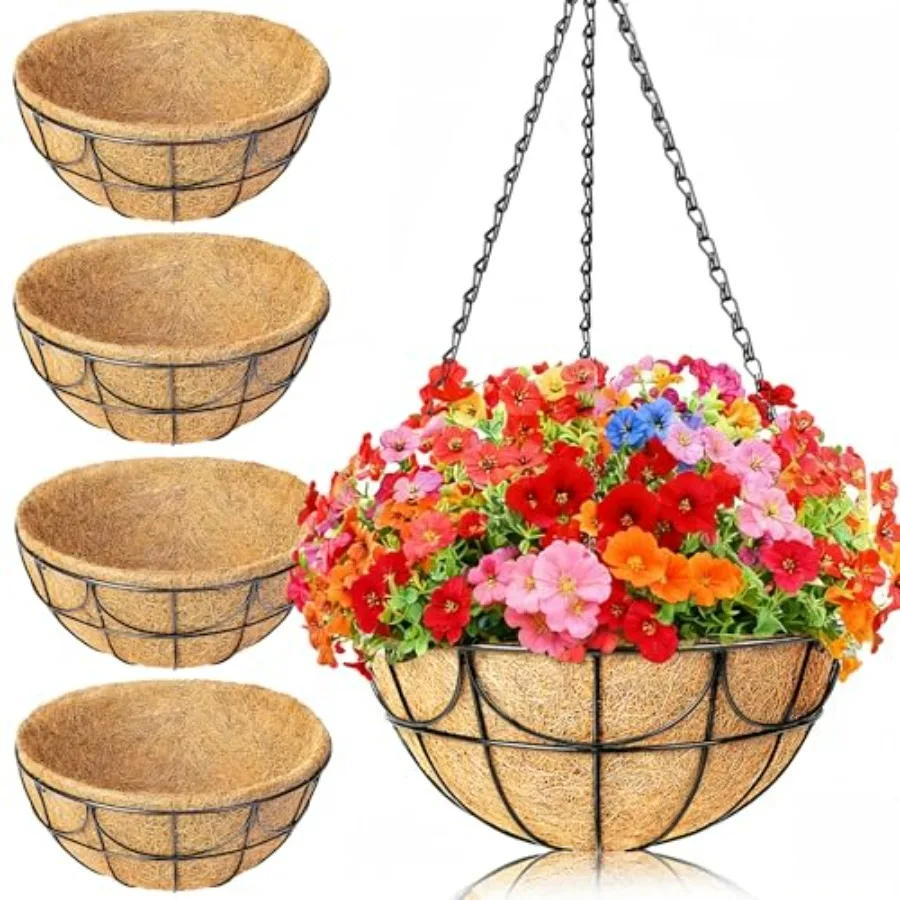

Outdoor hanging planters for patio and porch: 13.5-inch minimalist metal wire baskets with coco liners, black finish, rust-resi