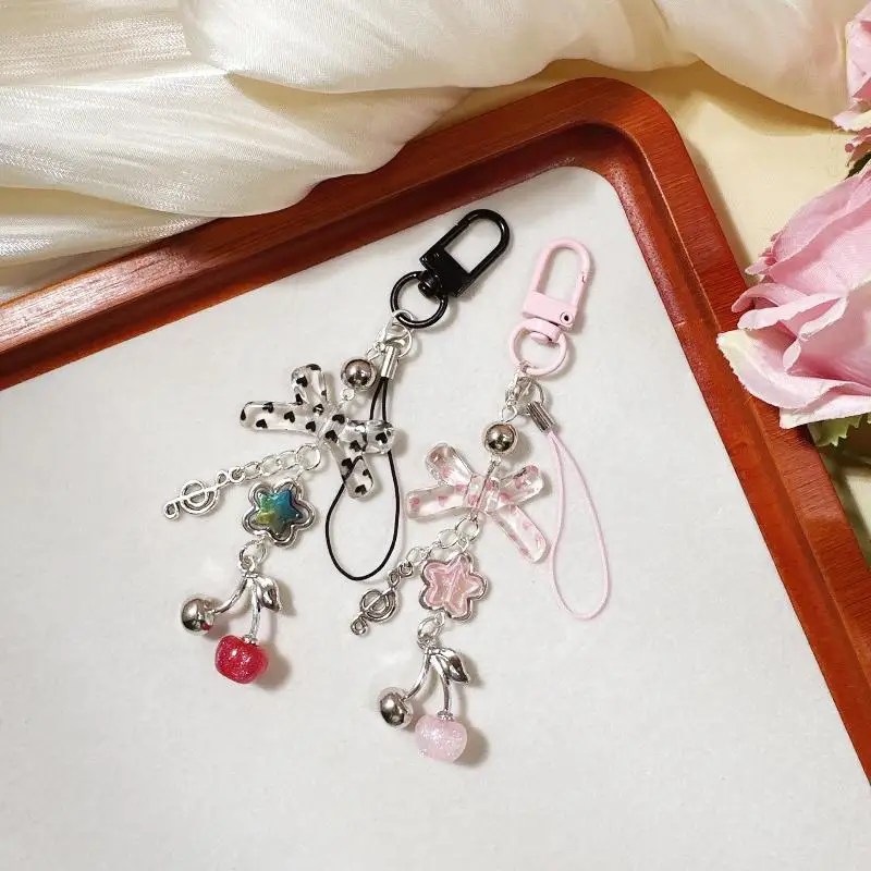 

Y2K Cute Wave Point Bow Small Cherry Pendant Keychain Cellphone Charm Lanyard For Girls Jewelry Props