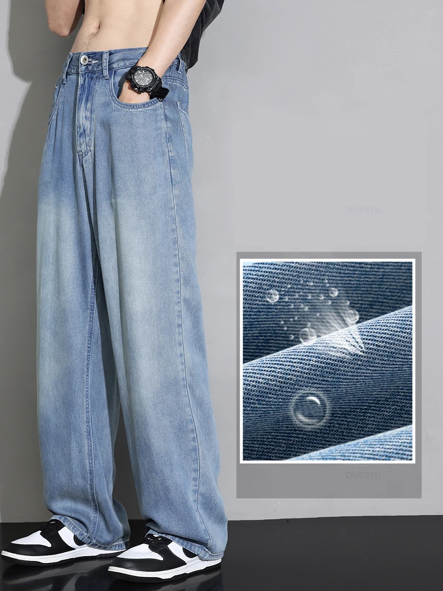 Letnie wysokiej jakości przytulne miękkie 100% Lyocell Jeans męskie spodnie dżinsowe z elastyczną talią Korea luźne, proste, niebieskie spodnie na