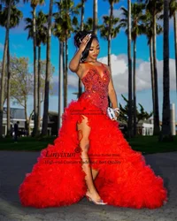 Red Long Prom Dress 2024 For Black Girls Luxury Beads Crystals Rhinestones Birthday Party Wedding Reception Slit Ruffls Gowns