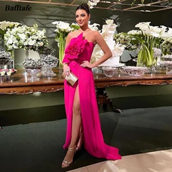 Customized Simple Fuchsia Satin Arabic Evening Dresses Women Formal Event Dress 3D Flowers Front Slit Special Prom Gowns 2024