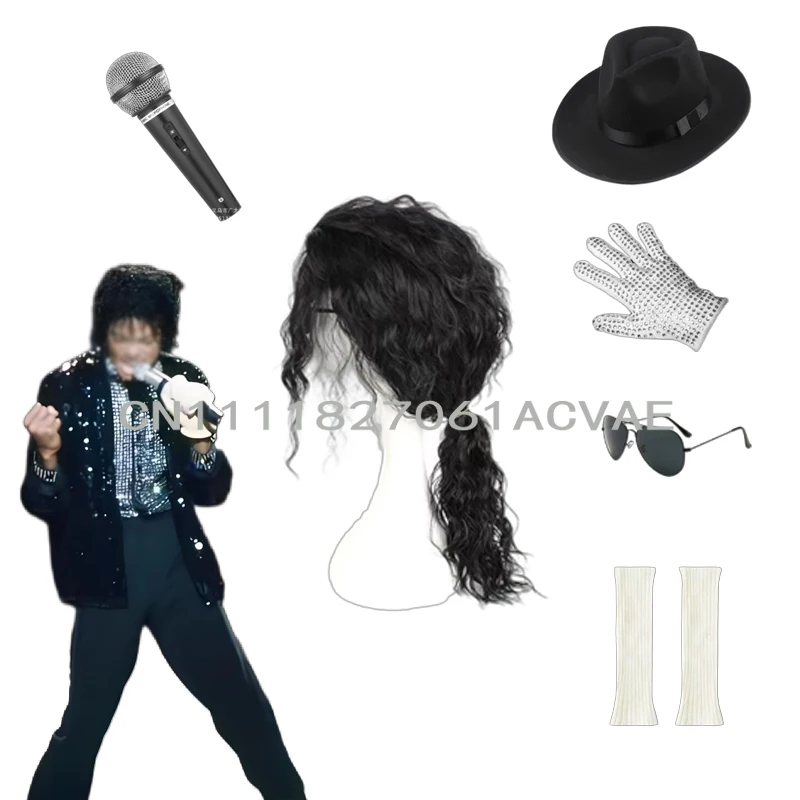 

Movie Michael Jackson Cosplay Wig Glasses Hat Gloves Socks Microphone Props Long Black Hair Halloween Party Adult Women Man