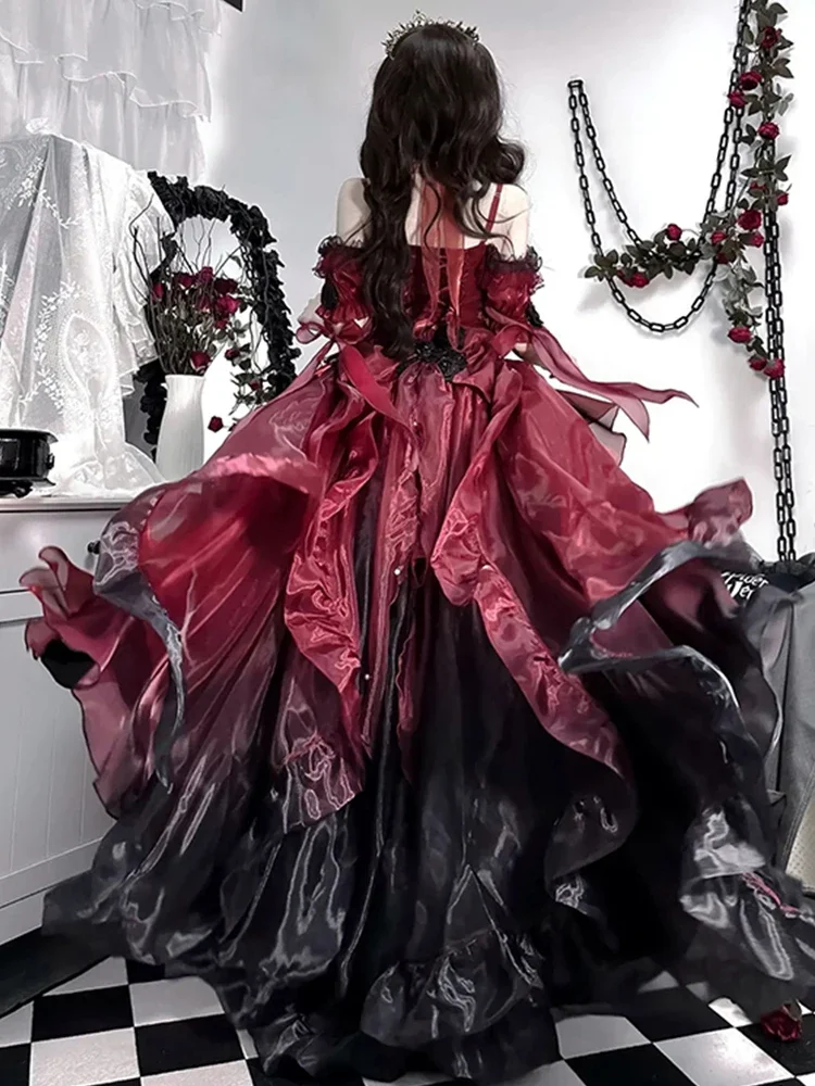 Vestido de princesa esponjoso de Lolita para mujer, vestido de boda de flores rojas grandes y encantadoras