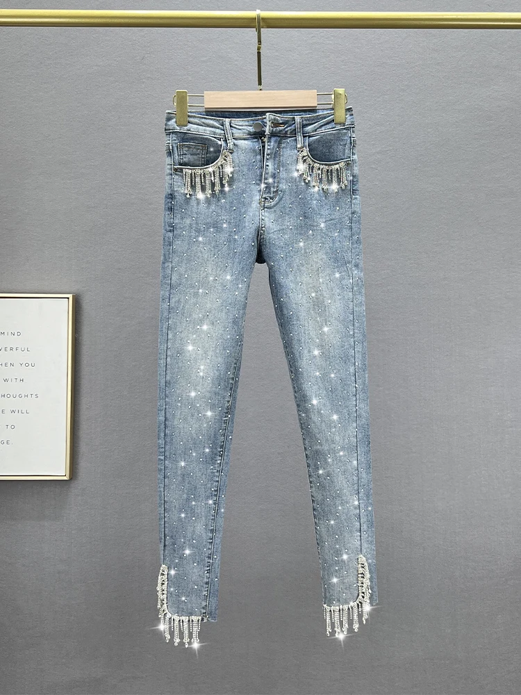 

Tassel Trim High Waist Slim Fit Jeans Women's Fashion Spring Summer Elastic Slimming European Style Nine Point Ankle Pants