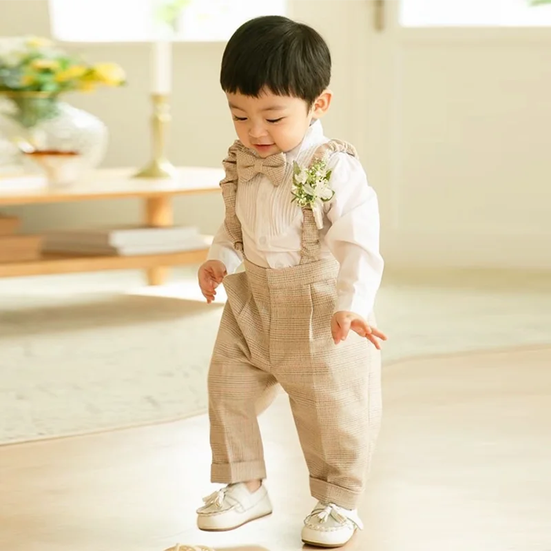 4PCS Little Boy Gentleman Suit Formal clothes Coat Vest Pants Tie bow Outfit Set Khaki Lattice birthday Wedding Party Dress Suit