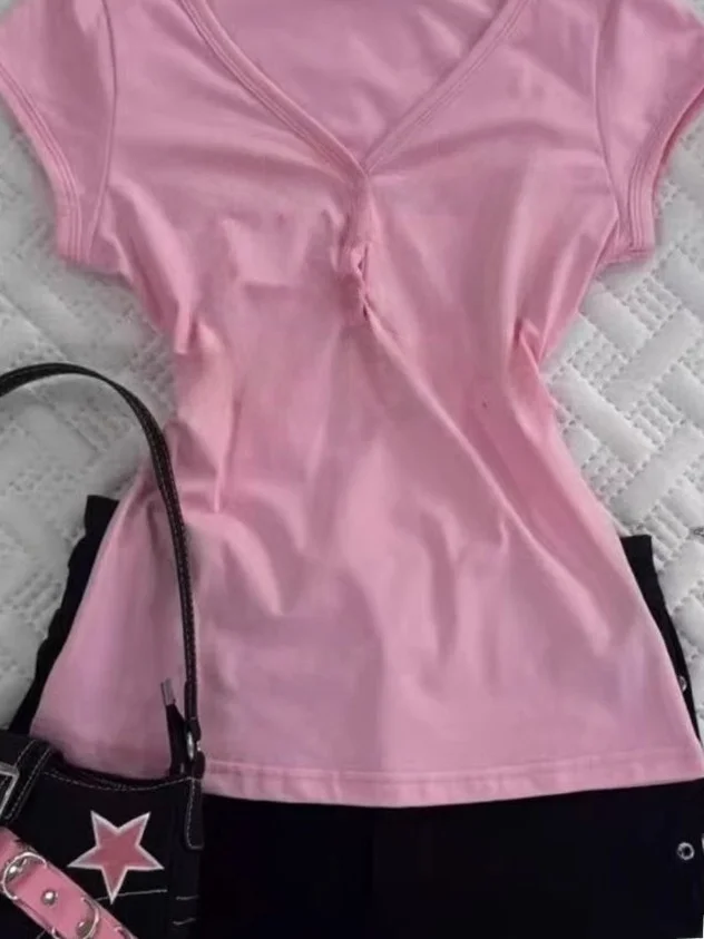 Retro American Sle Women's Slim Fit ort Sve T-irt Summer 2025 Pink Printed Letter Design Casual Comfortable Top