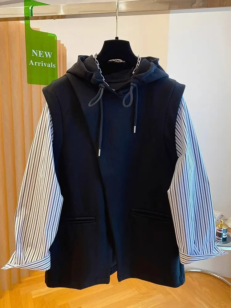 Irregular Shirt Patchwork Two Women's Hooded Hoodies Y2k Sweatshirt Korean Autumn Clothes Spring Sudadera Mujer Sweatshirts