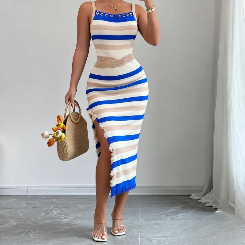 Women's Blue Striped Wide Strap Square Neck Sleeveless Stretchy Sundress Knit Bodycon Midi Dress Tassel ide Slit Summer Dress