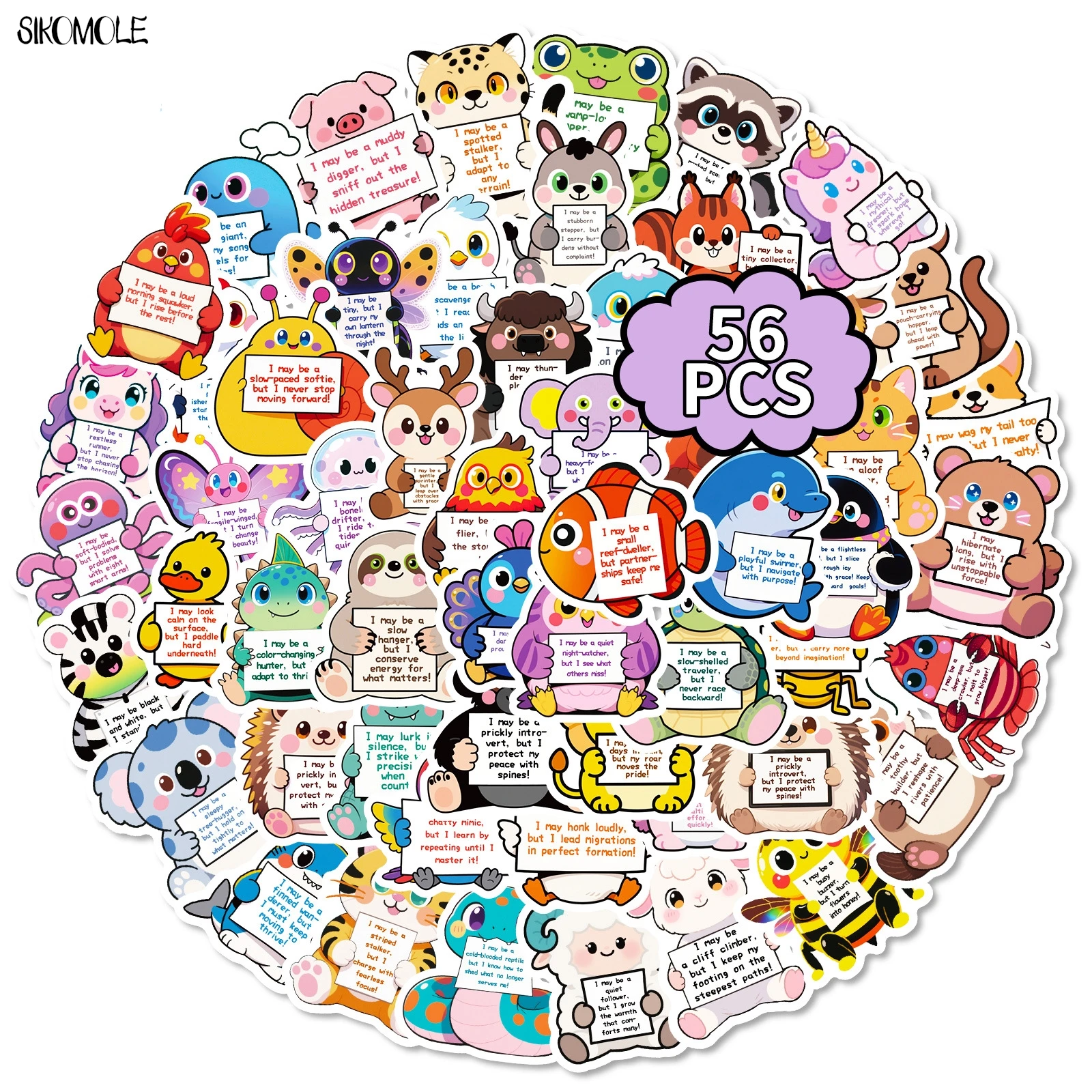 สติกเกอร์สัตว์ตลก 10/56/112 ชิ้น วลีภาษาอังกฤษสร้างแรงบันดาลใจ ของตกแต่ง DIY ของเล่นเด็ก สติกเกอร์ติดกระเป๋าเดินทาง สติกเกอร์กราฟฟิตี้