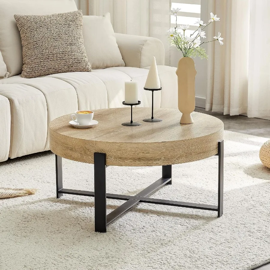 Modern rustic round wood coffee table for living room, circular wooden center tea table with black metal legs, ideal for apartm
